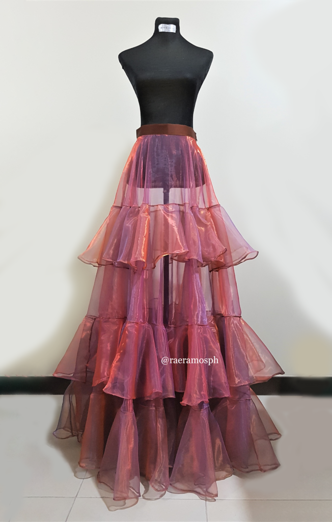 Rin Skirt. Made from Organza fabric. Size: Medium. Three-tier, full-length, full-circle. Sheer.